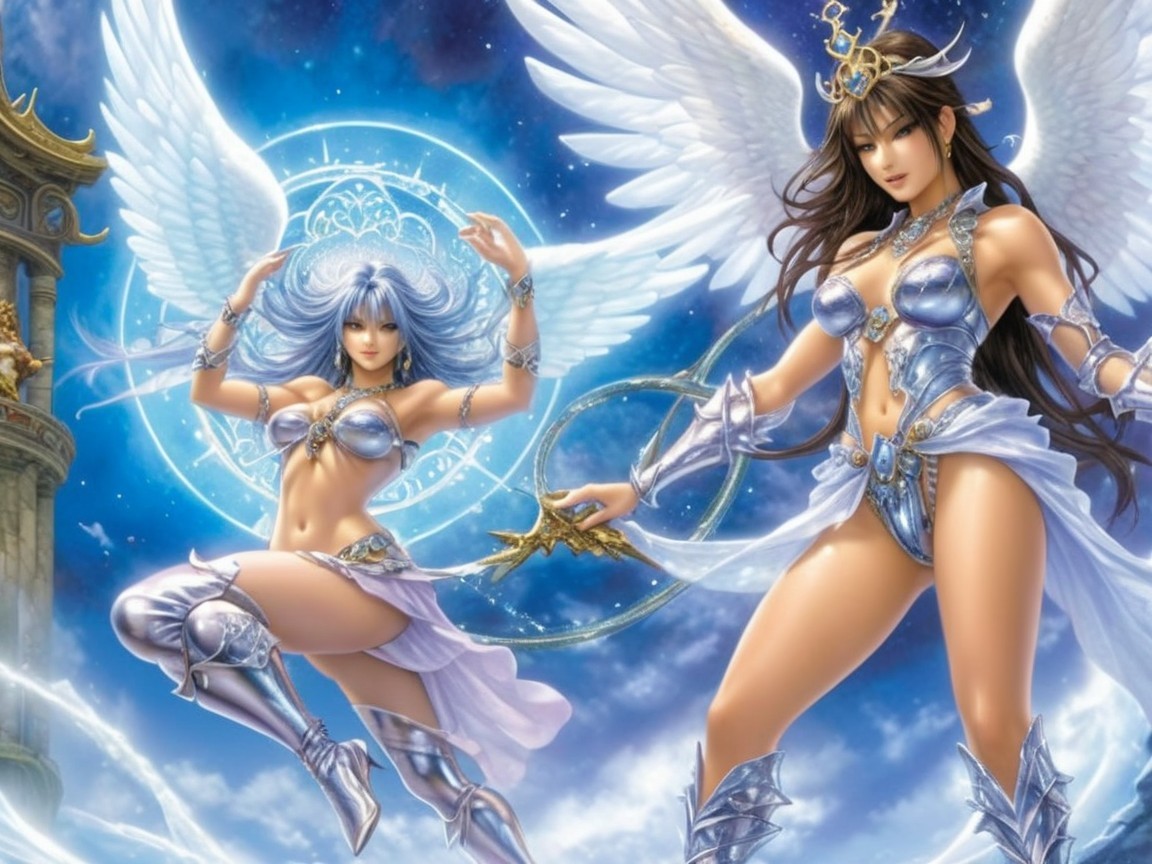 Ethereal Female Figures with Wings in Celestial Scene