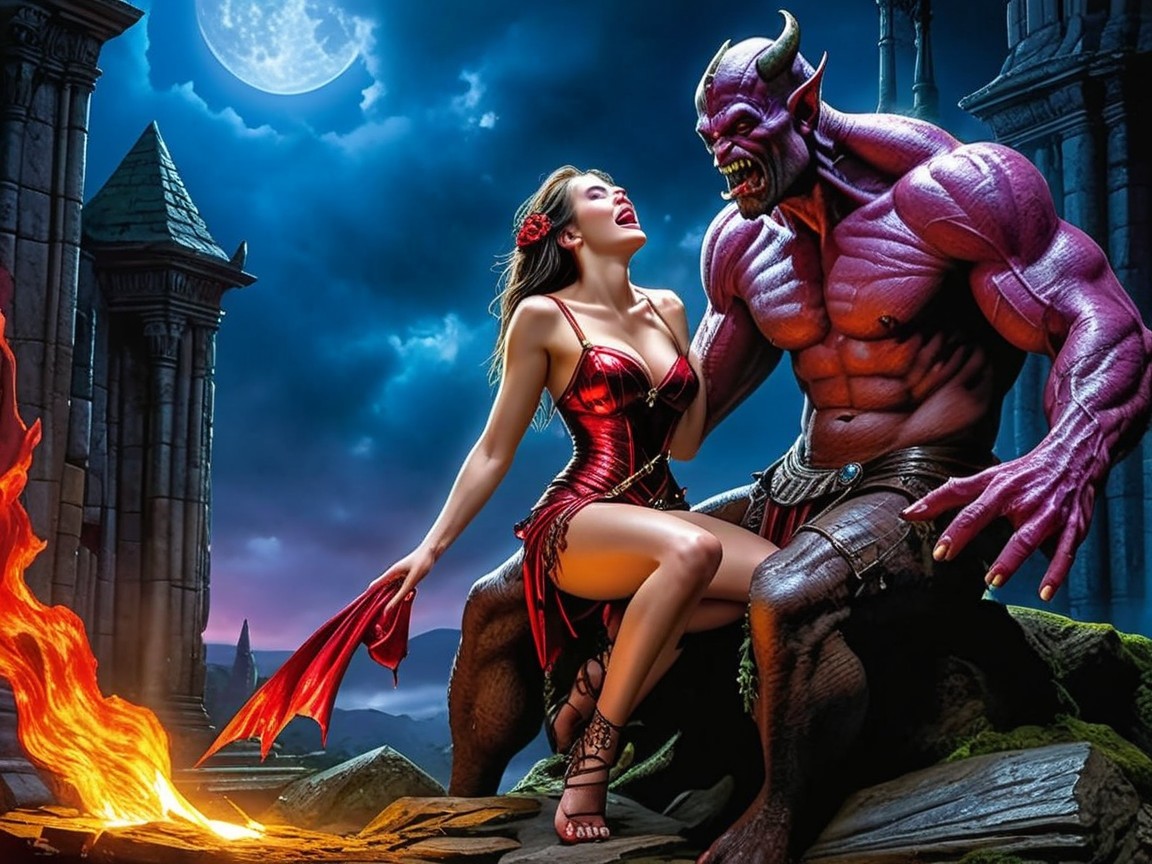 Twilight Landscape with Woman and Purple Demon