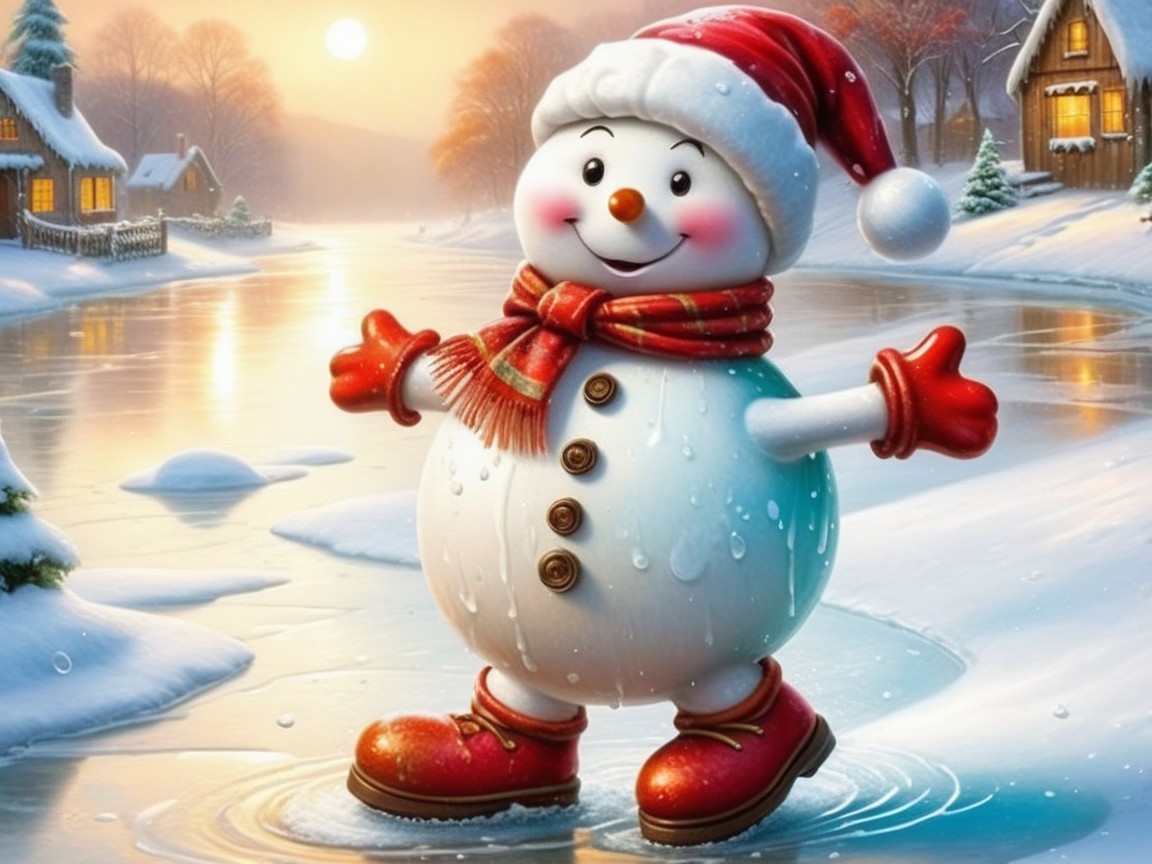 Stylized snowman with rosy cheeks in snowy landscape