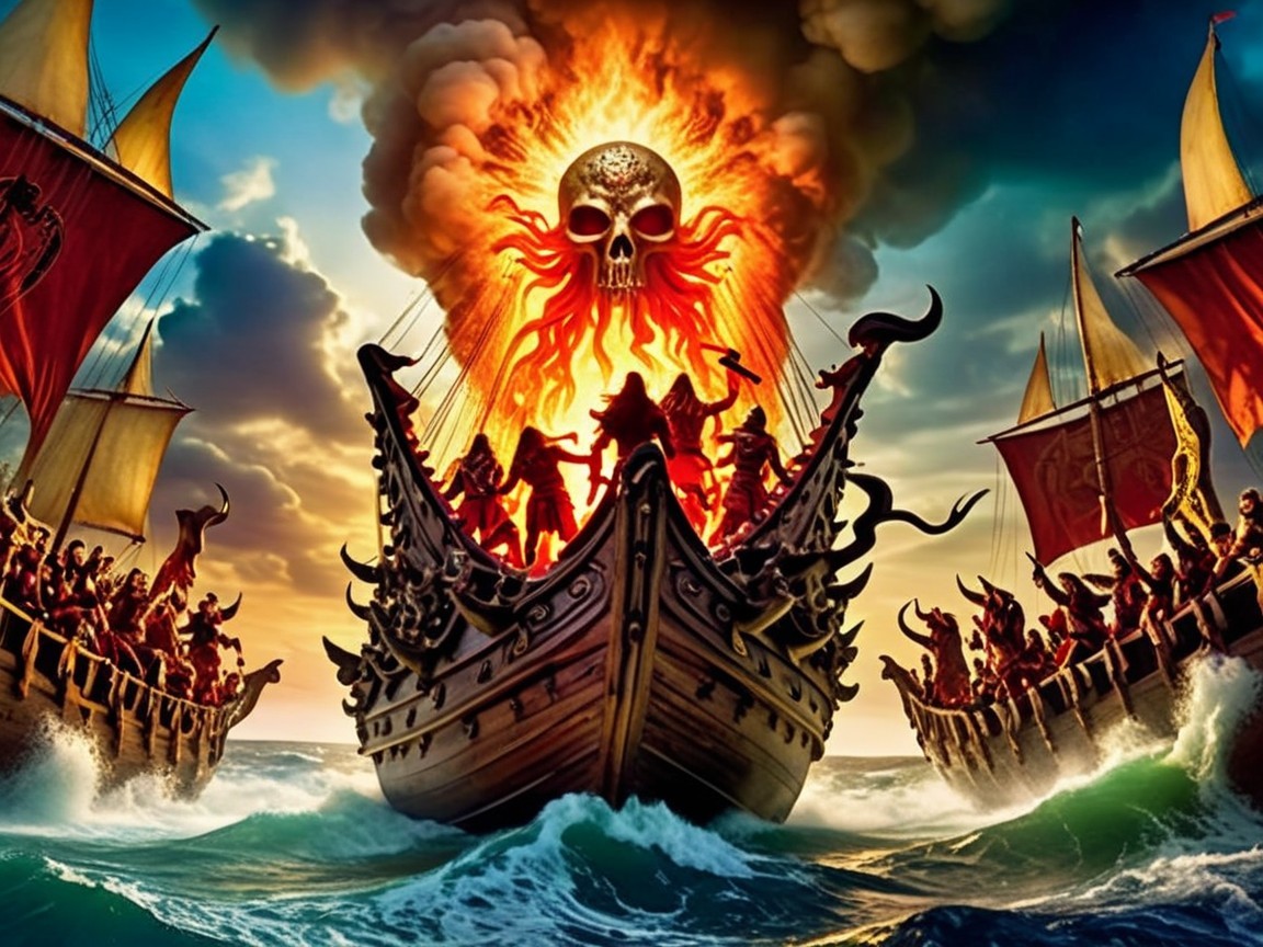Dramatic Sea Battle with Ominous Ships and Skull