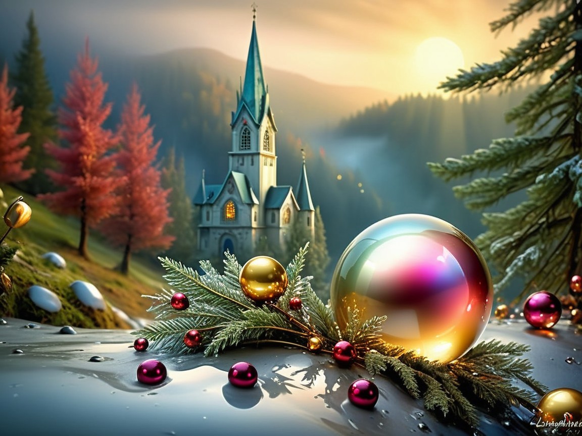 Fantasy Winter Landscape with Reflective Ornament