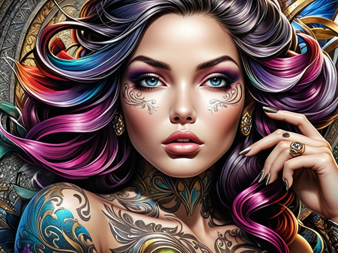 Stunning Woman with Multicolored Hair and Tattoos