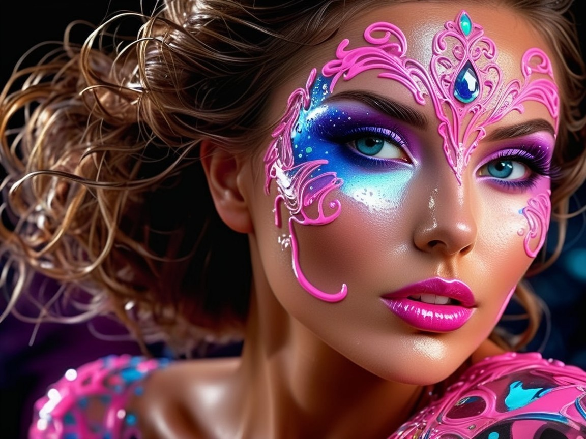Portrait of a Woman with Vibrant Face Paint and Hair