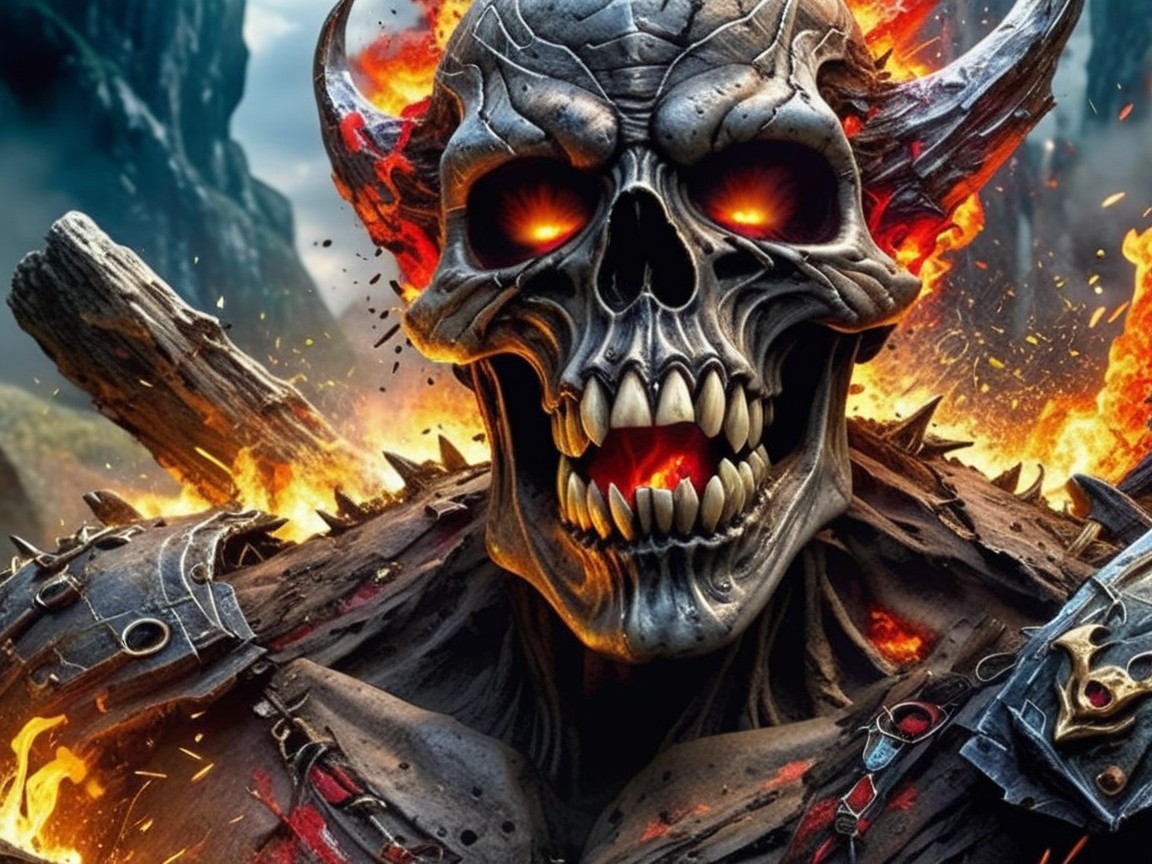 Menacing Skull Surrounded by Flames and Smoke