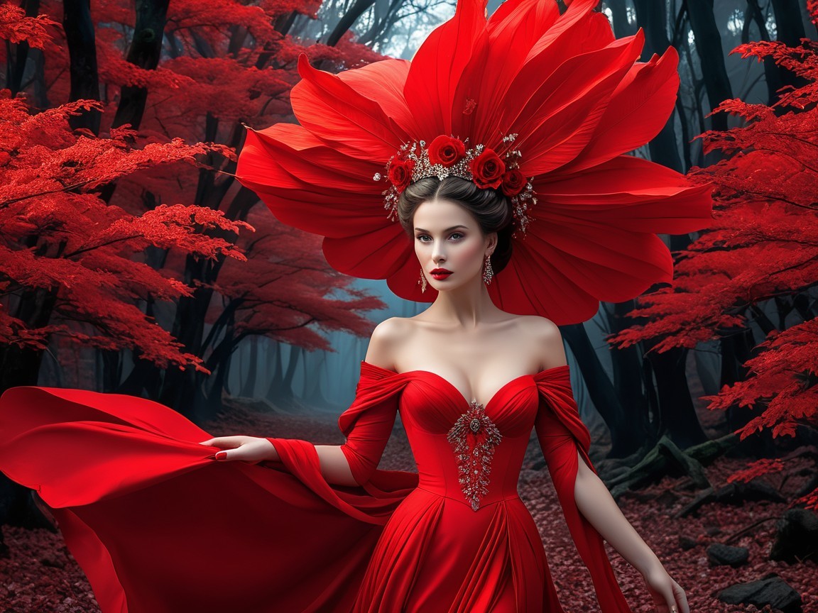 Elegant woman in vibrant red forest attire