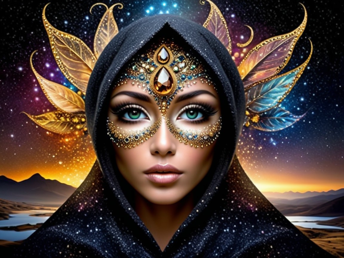 Woman with Intricate Makeup in Cosmic Setting