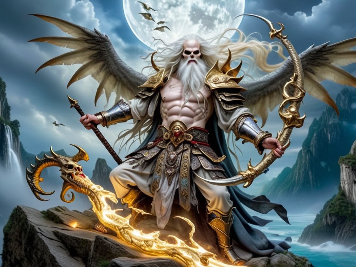 Majestic Celestial Warrior with Wings and Fiery Sword