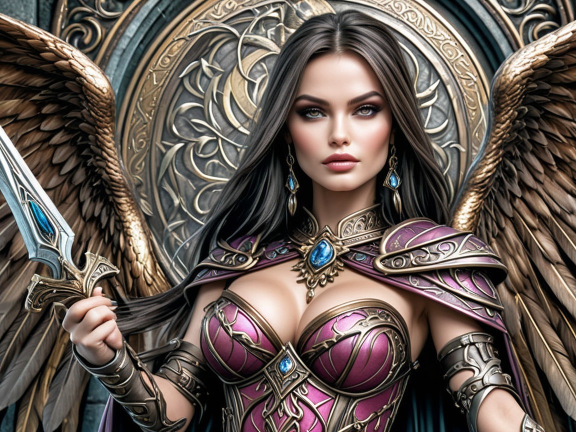 Fantasy Warrior Woman in Gemstone Armor with Wings