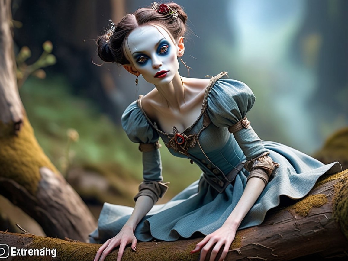 Whimsical Figure in Vintage Dress in Enchanted Forest