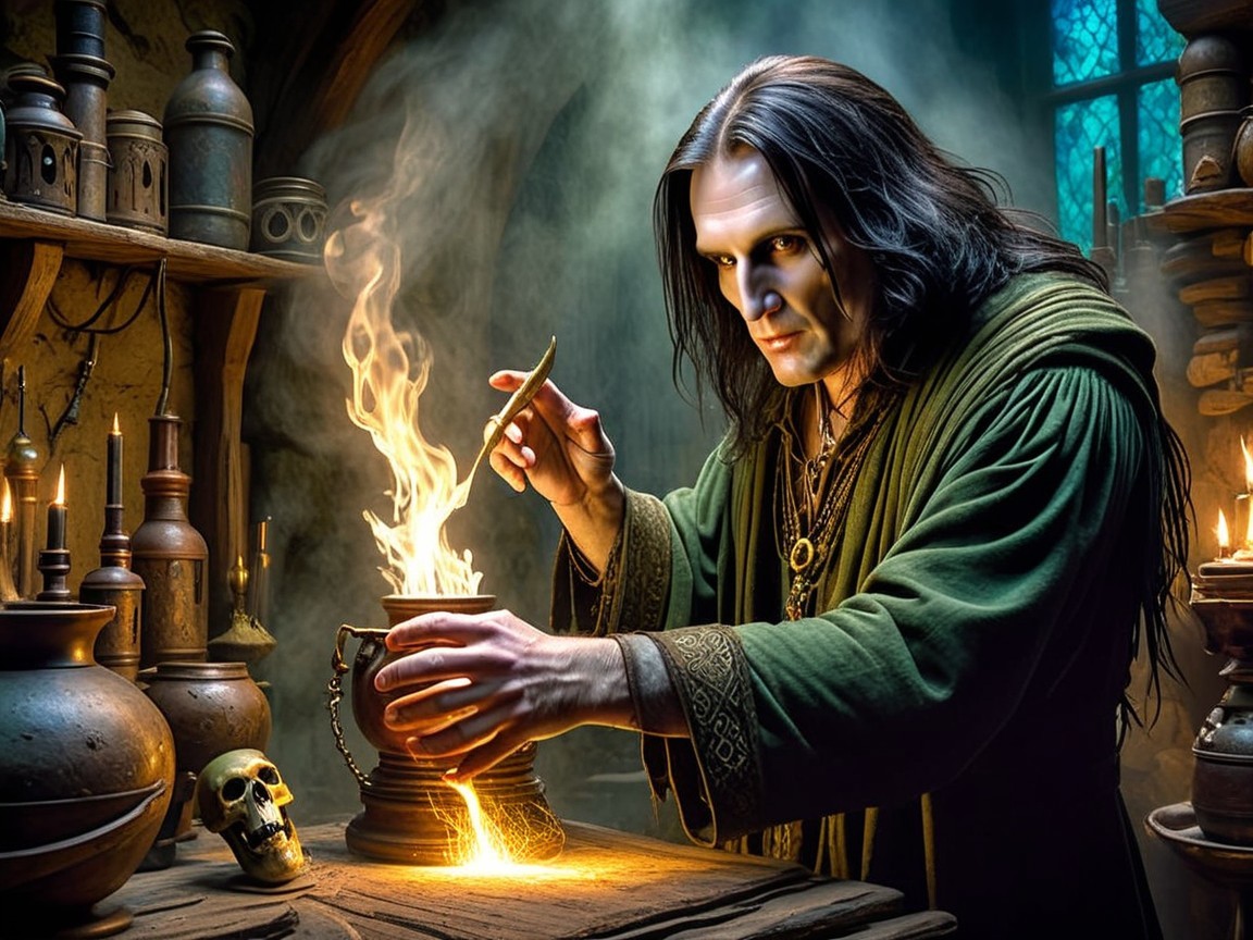 Mysterious Sorcerer Stirring Cauldron in Dim Room