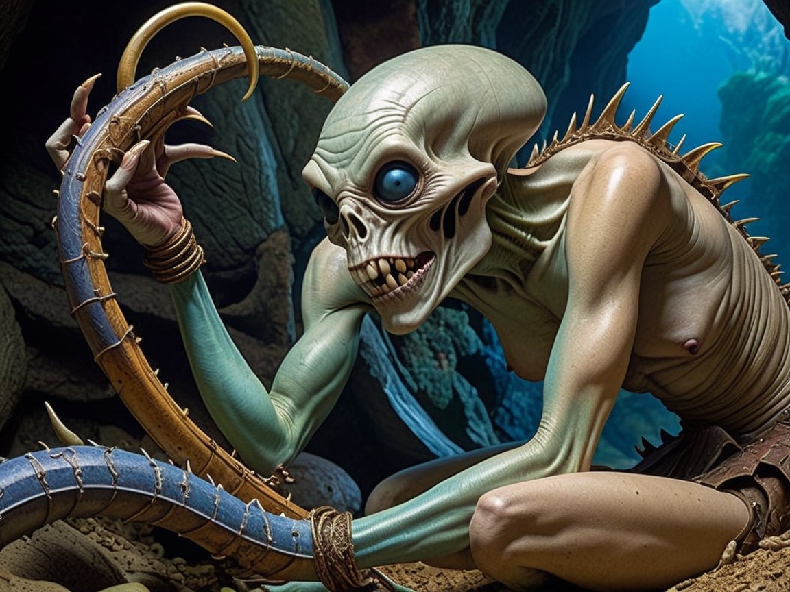 Surreal Underwater Creature with Glowing Blue Eyes