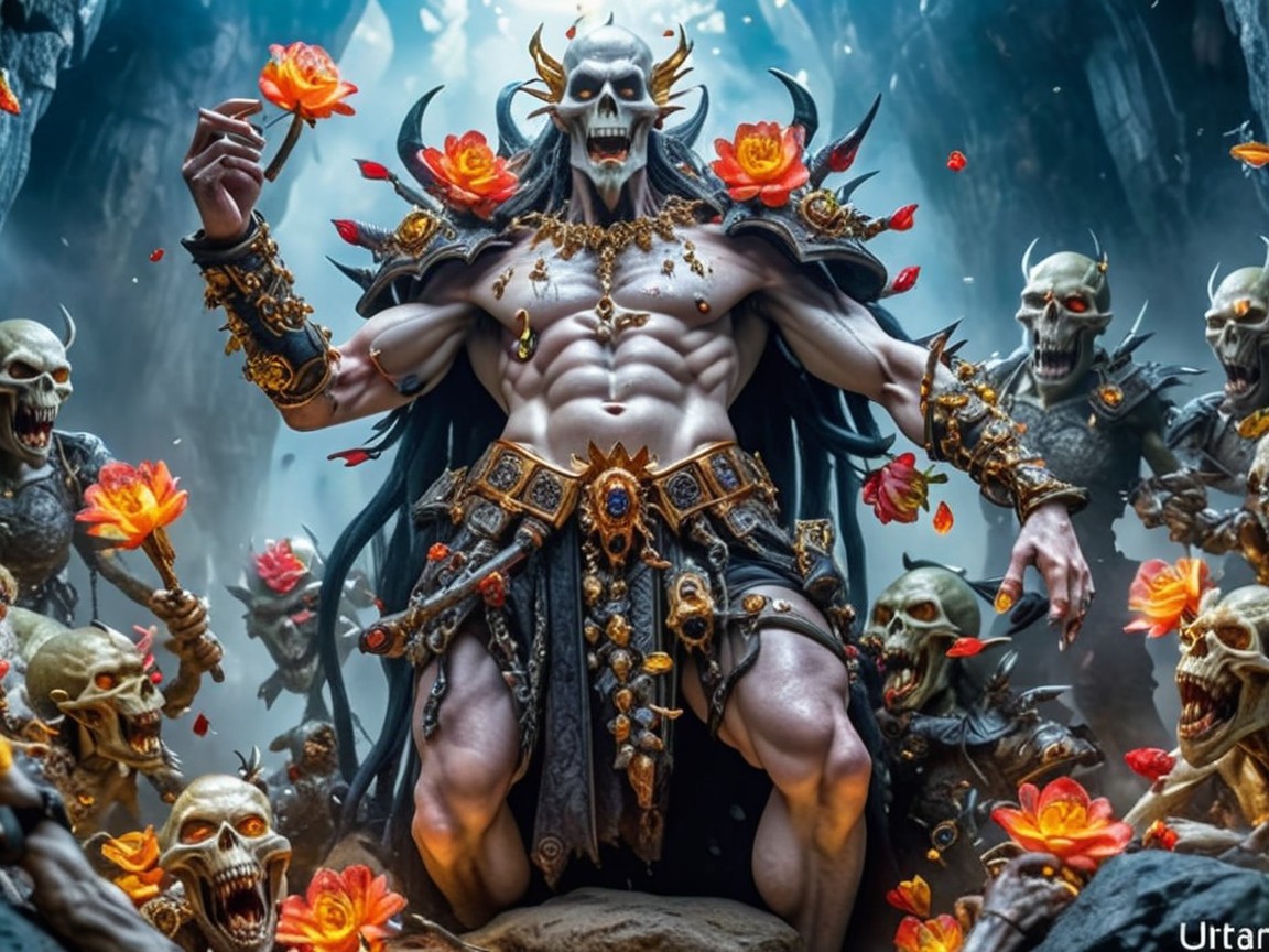 Muscular Figure in Armor Surrounded by Skeletal Warriors