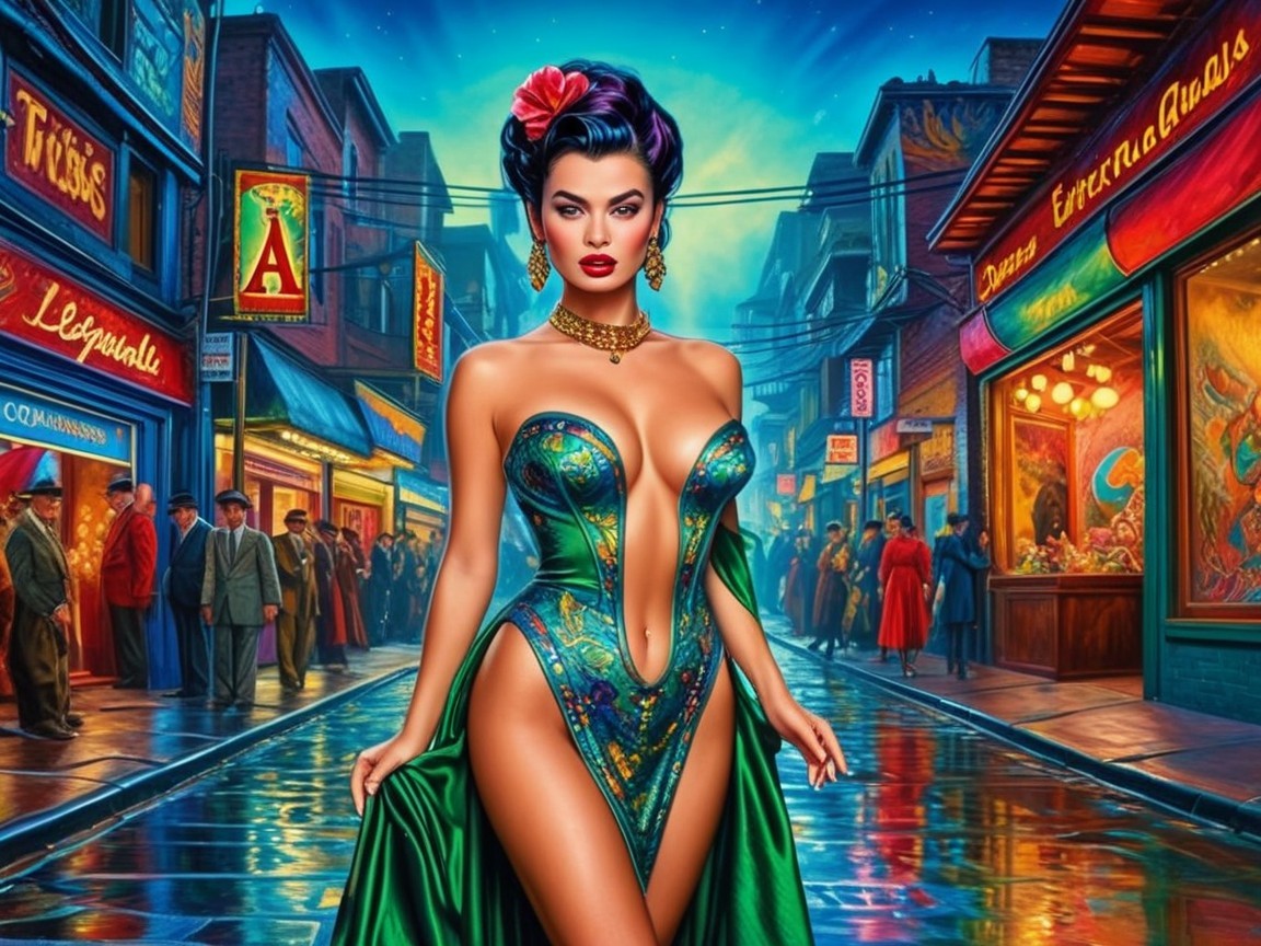 Glamorous Gown and Colorful Street Scene Description