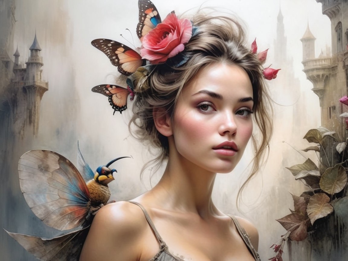 Young woman with butterflies in a dreamy landscape