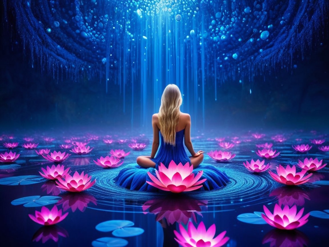 Serene figure in blue dress on tranquil water scene