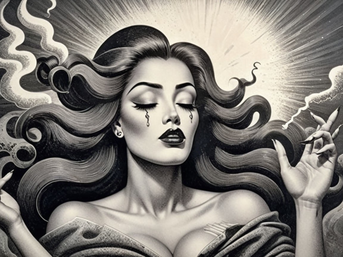 Black-and-white illustration of a woman with tears