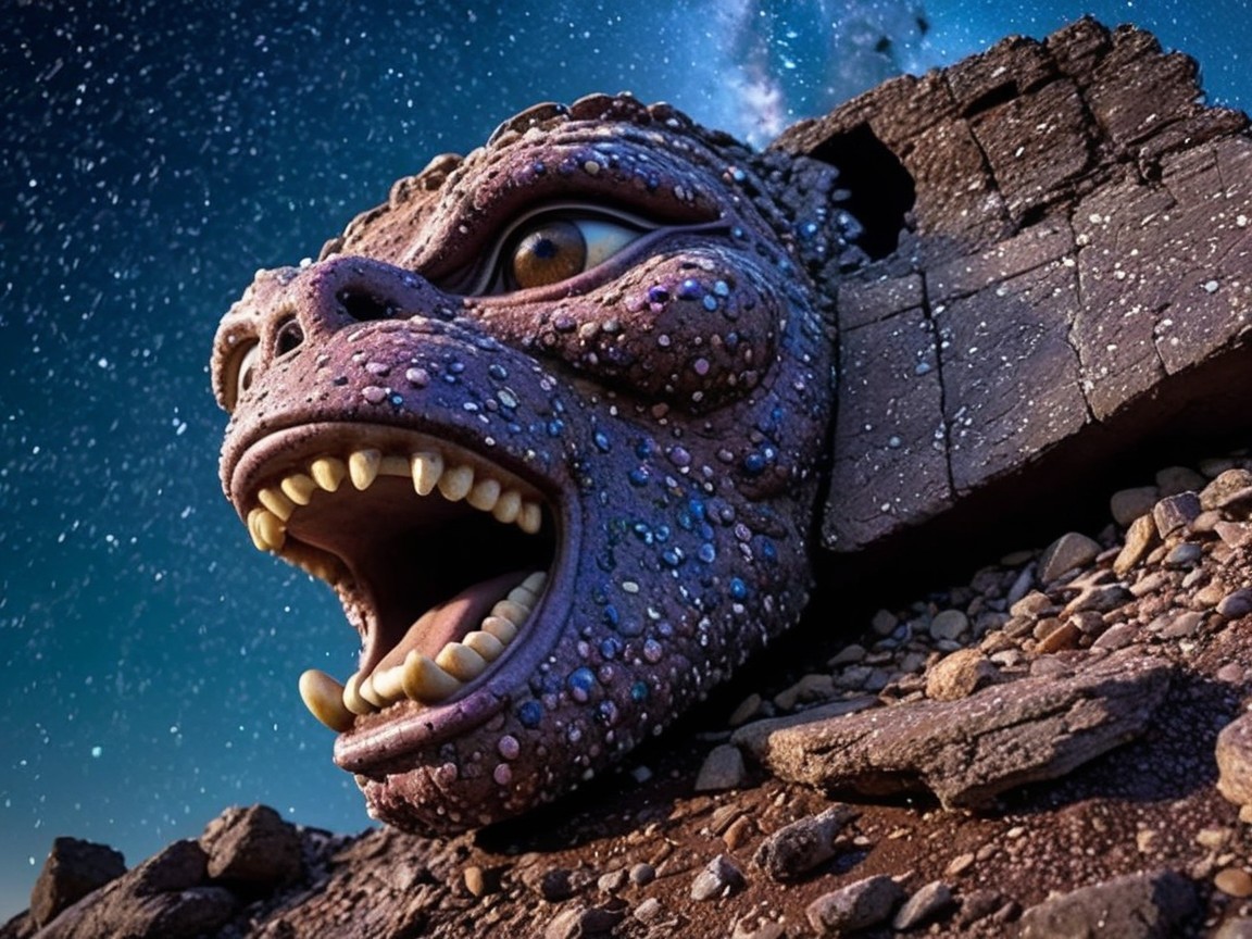 Monstrous Head Emerges from Rocky Terrain Under Stars
