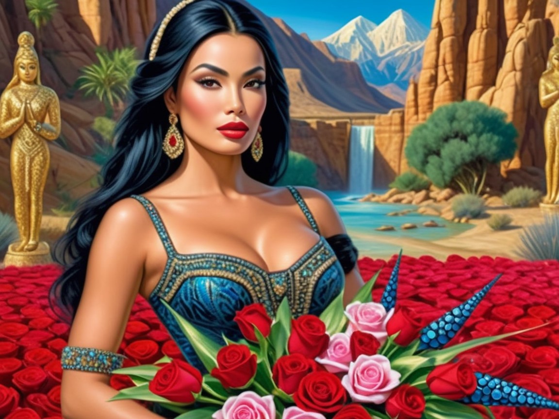 Woman in Blue Outfit with Roses in Scenic Landscape