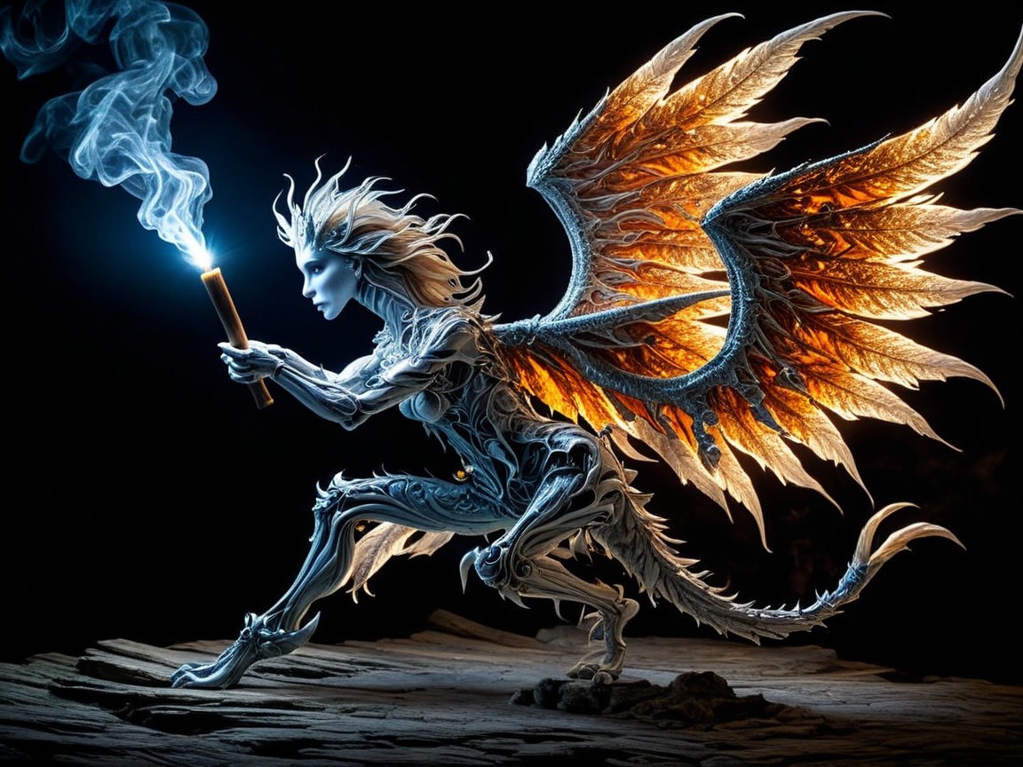 Dragon-like Creature with Wings and Glowing Torch
