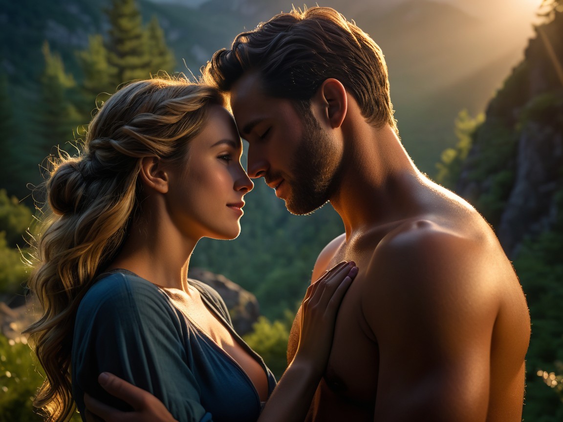 Couple in Intimate Moment in Serene Mountains