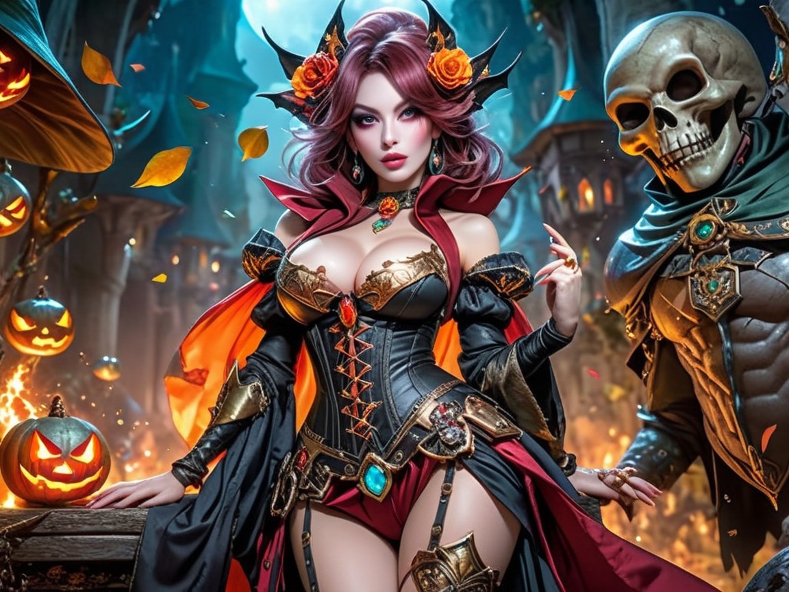 Gothic Character in Halloween Setting with Armor and Cape