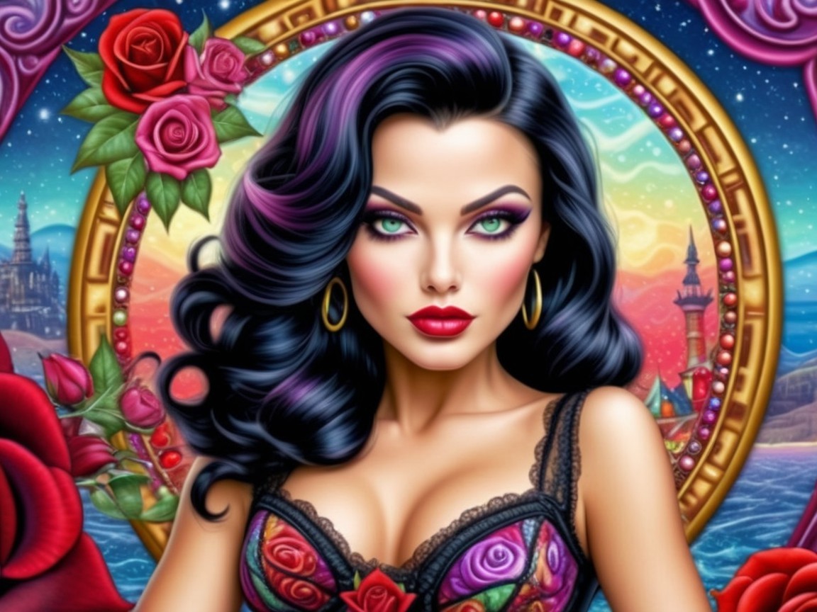 Portrait of a Woman with Black Hair and Colorful Designs