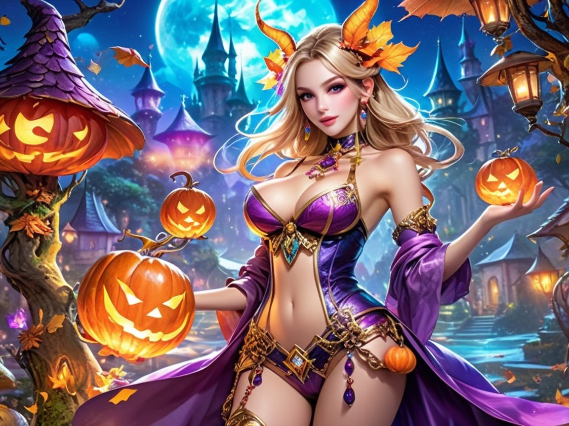 Glamorous Character in Whimsical Halloween Scene