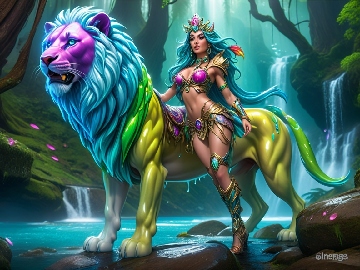 Vibrant Lion and Warrior Princess in Enchanted Forest