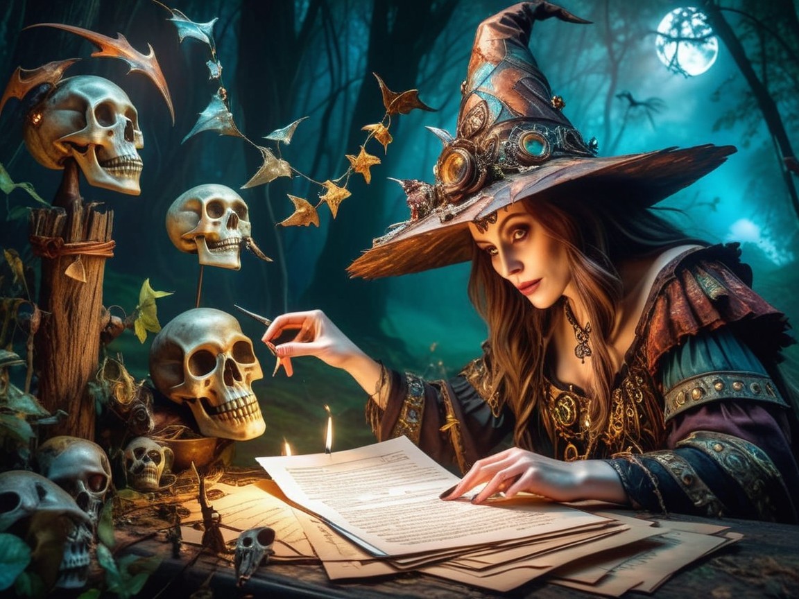 Mystical Sorceress Surrounded by Glowing Skulls