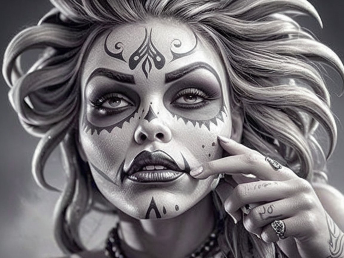 Portrait of a woman with sugar skull makeup and grayscale