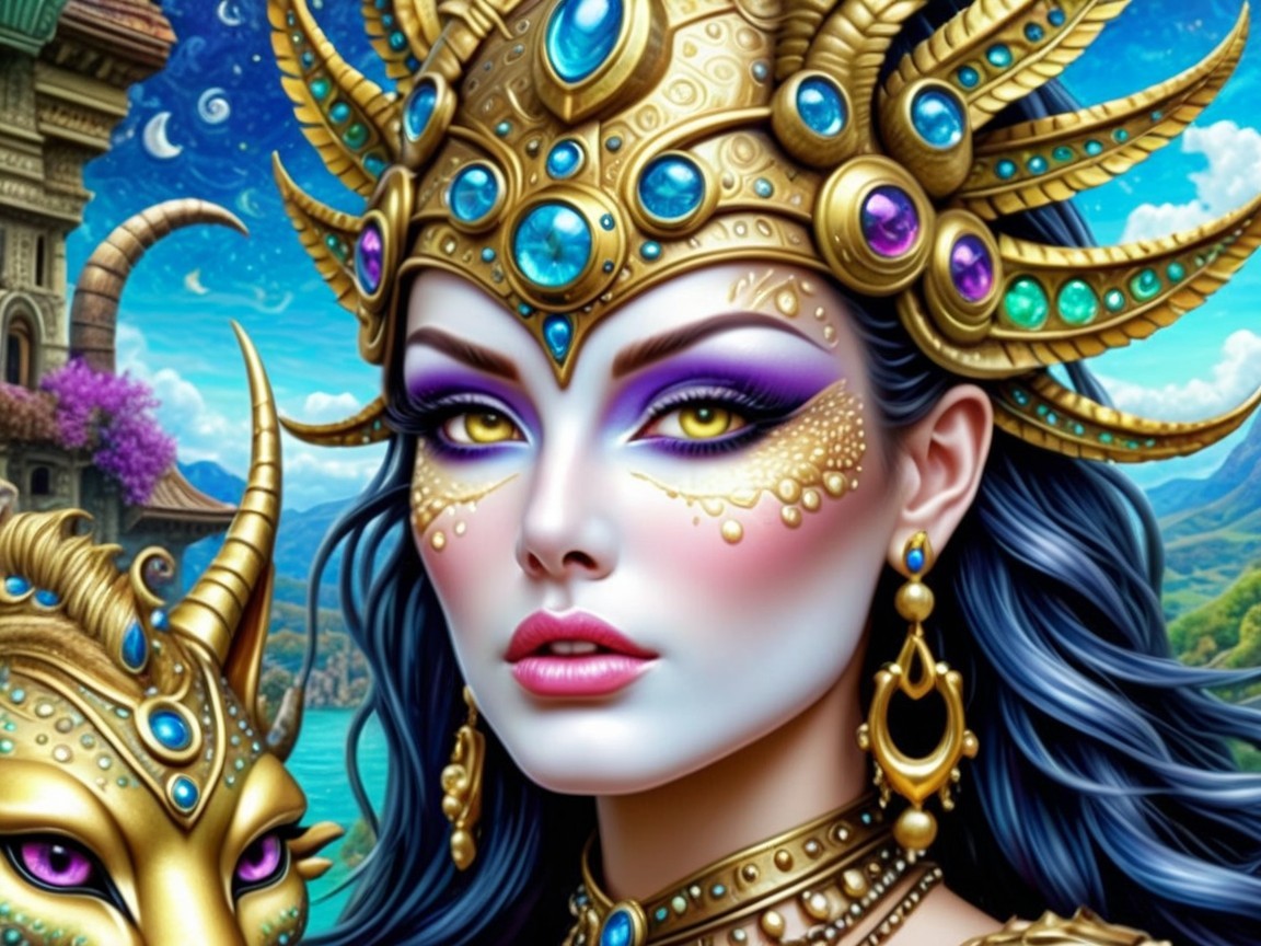 Woman with Golden Crown in Enchanting Landscape
