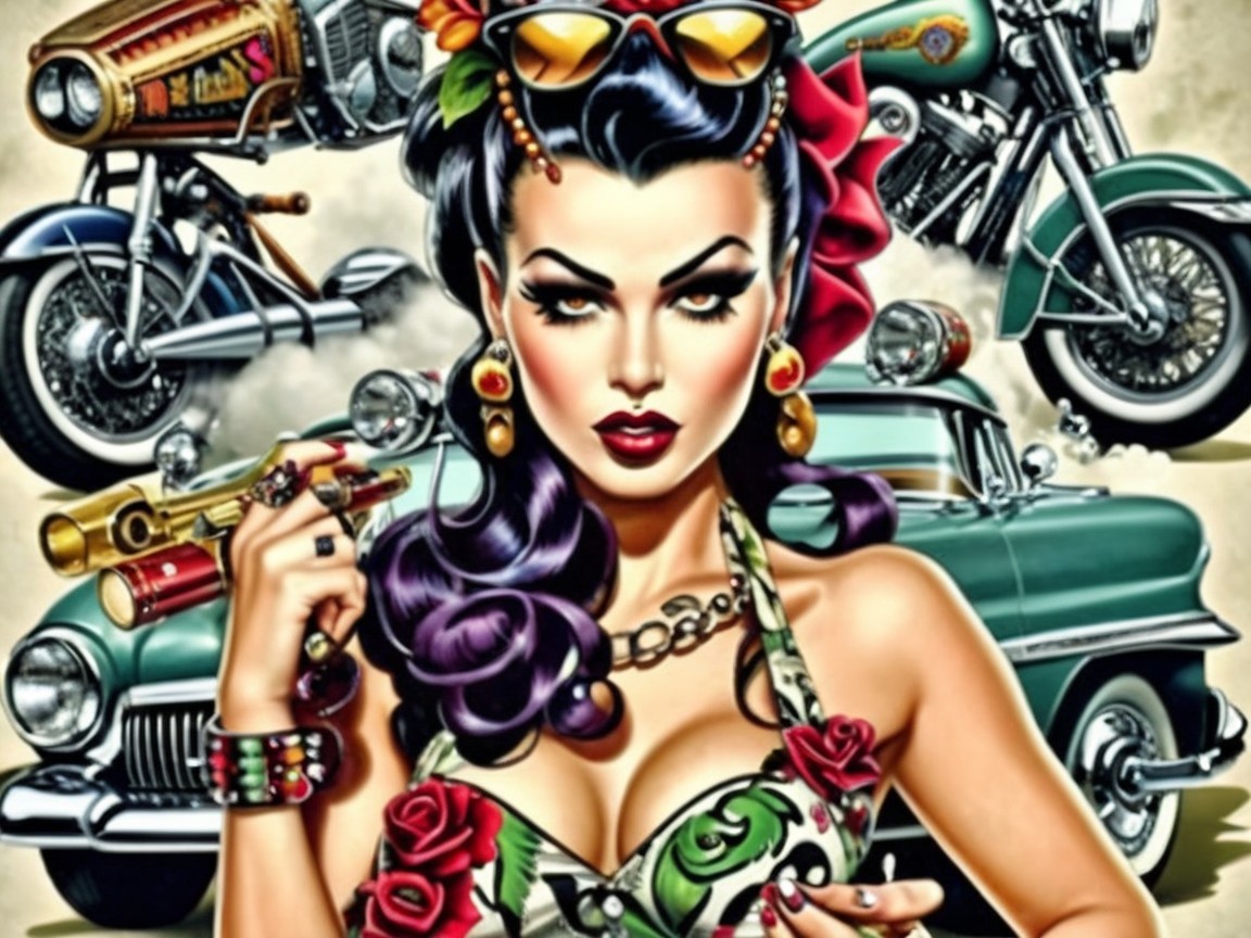 Glamorous Pin-Up Woman with Vintage Motorcycles and Car