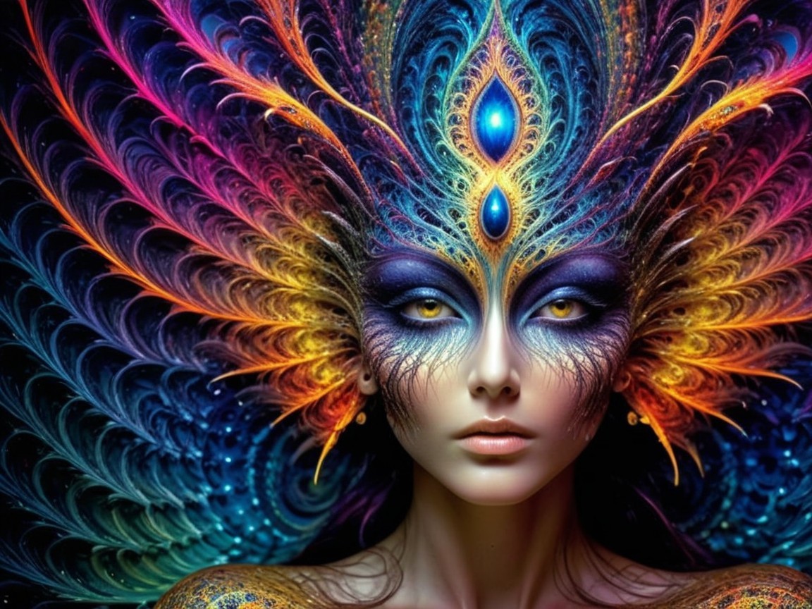 Portrait of a woman with vibrant feather-like patterns