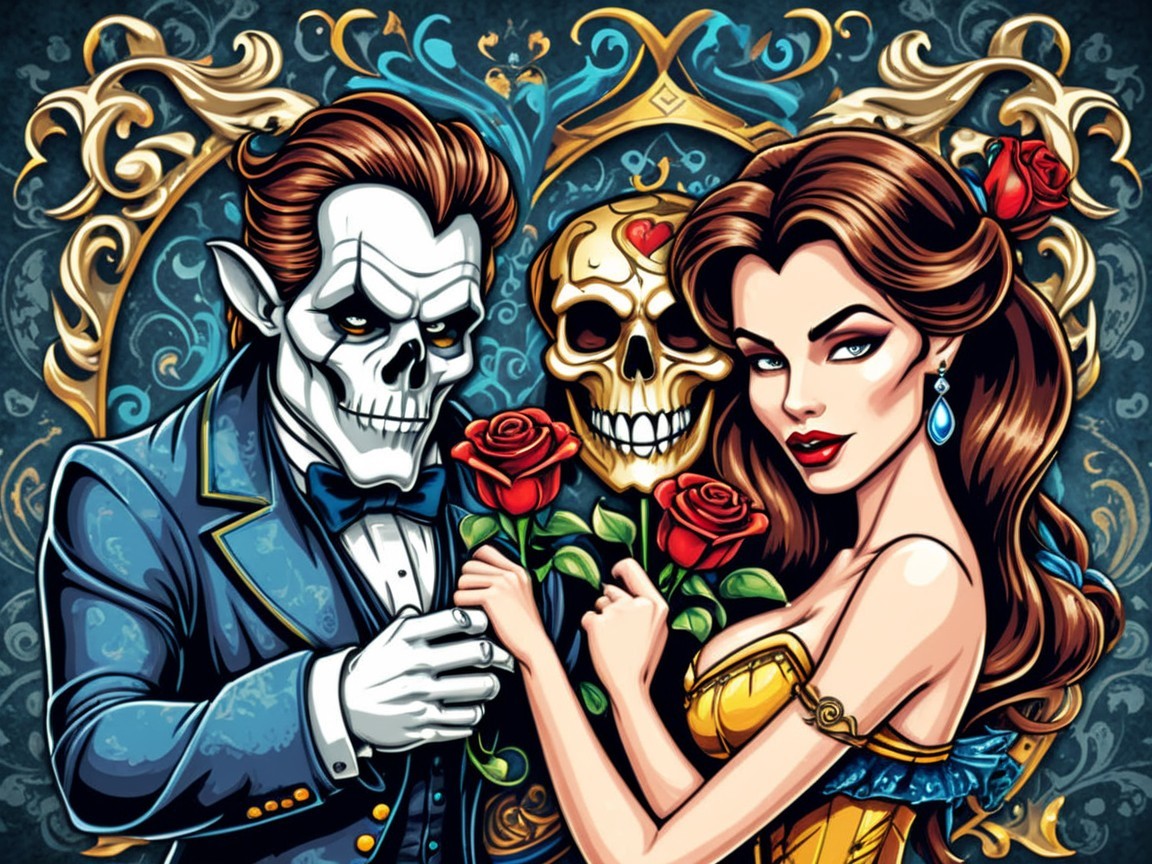 Glamorous Couple with Skeleton in Whimsical Setting