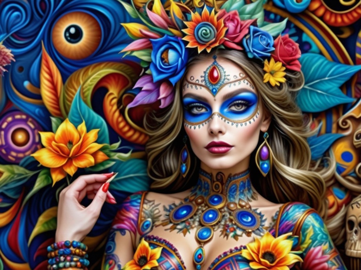 Vibrant Body Paint and Floral Headdress Display