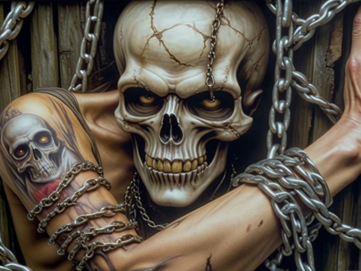 Realistic Skull Surrounded by Chains and Wood Background