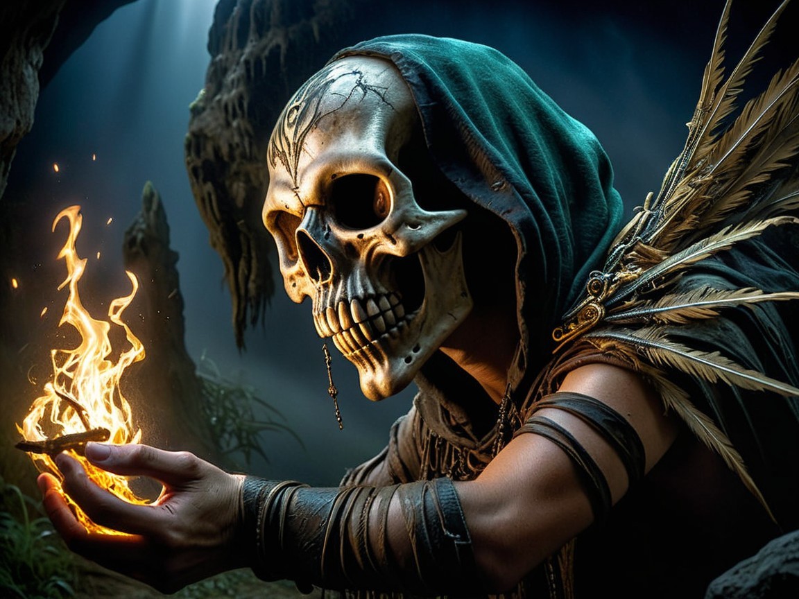 Hooded Figure with Skull Mask and Glowing Flame
