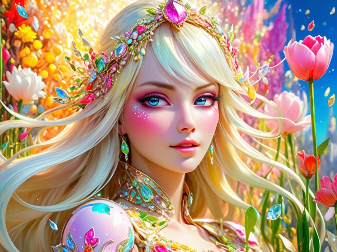 Enchantress in a Colorful Flower Garden Setting
