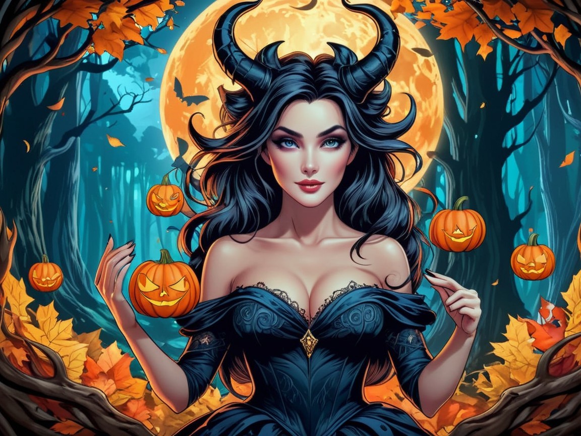 Enchanted Forest Figure with Horns and Jack-o'-Lanterns
