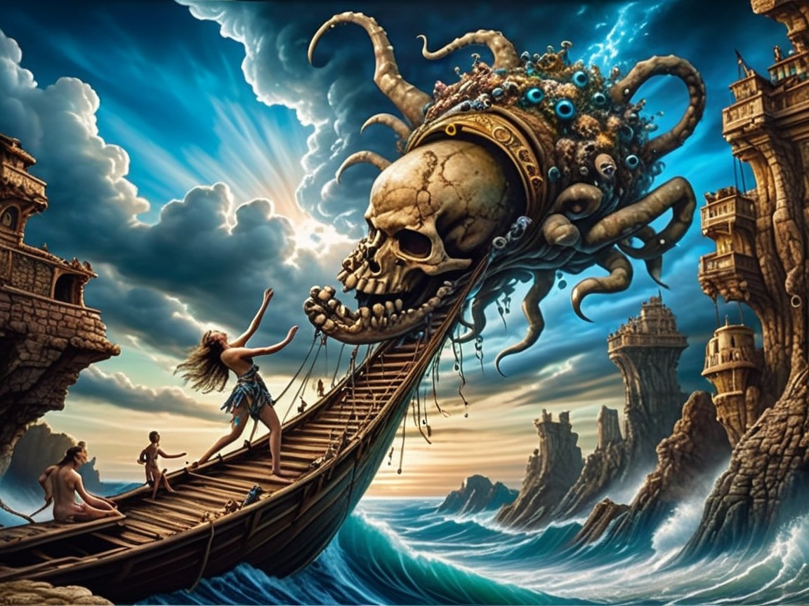 Dramatic Seascape with Skull, Octopus, and Woman