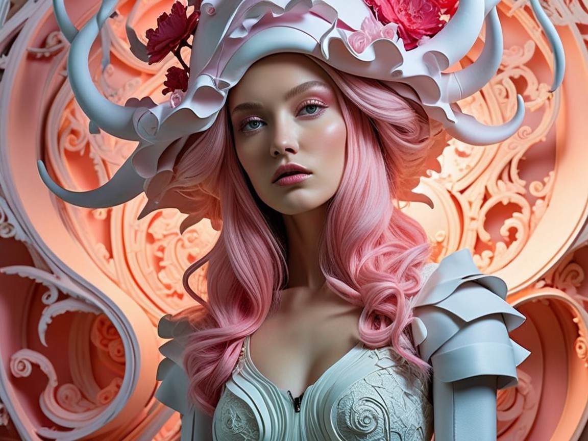 Portrait of a model with floral headpiece and pink hair