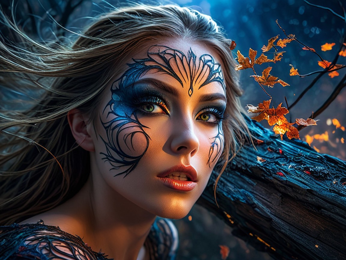 Portrait of a woman with dramatic face paint in nature