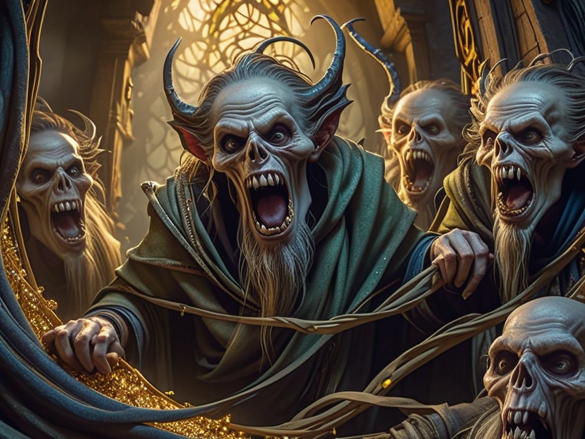 Skeletal Figures in Dark Gothic Setting with Ethereal Glow