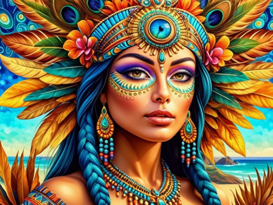Vibrant Woman in Intricate Jewelry at Beach Scene