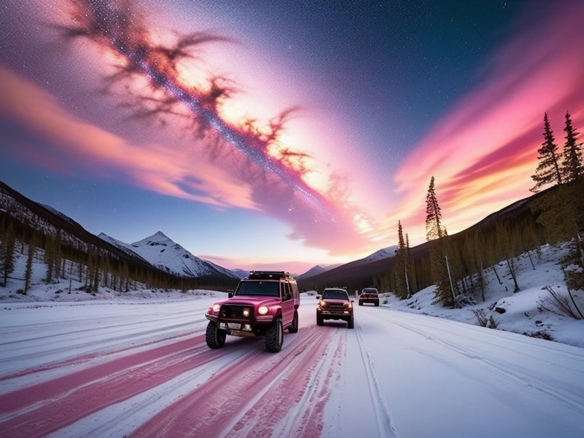 Winter Landscape with Vehicles and Majestic Mountains