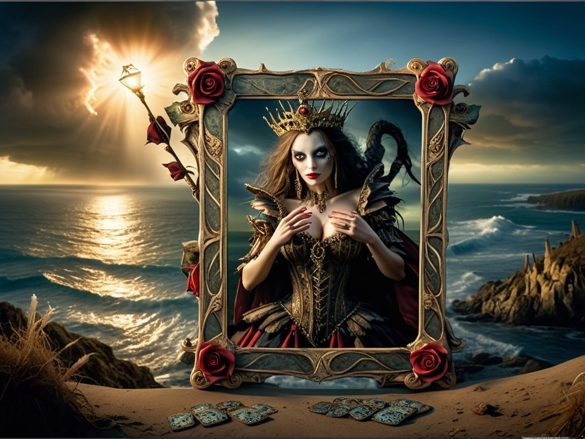 Gothic Figure in Ornate Frame with Turbulent Seascape