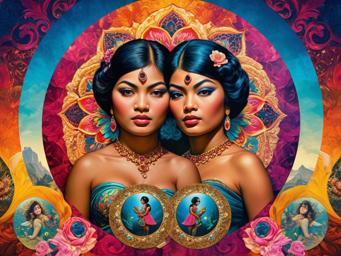 Elegant Women in Blue with Mandala and Floral Background