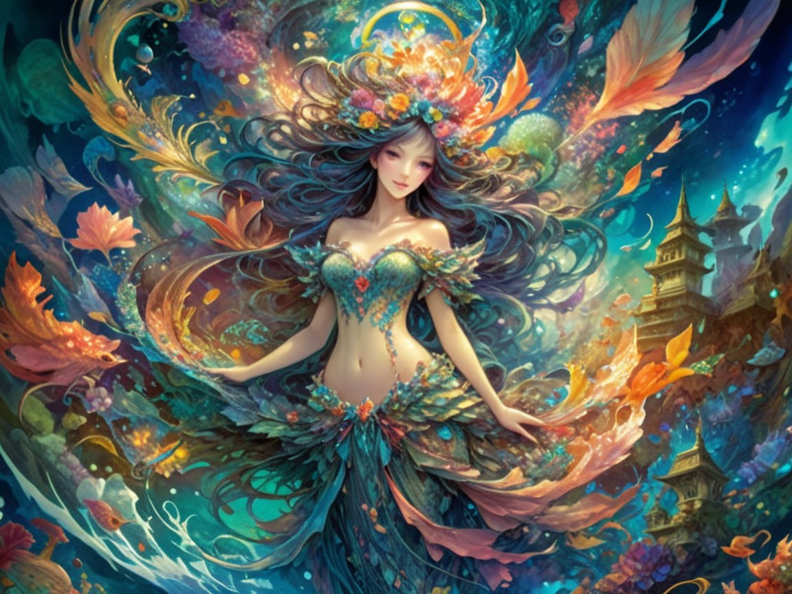 Fantastical Female Figure in Vibrant Floral Setting