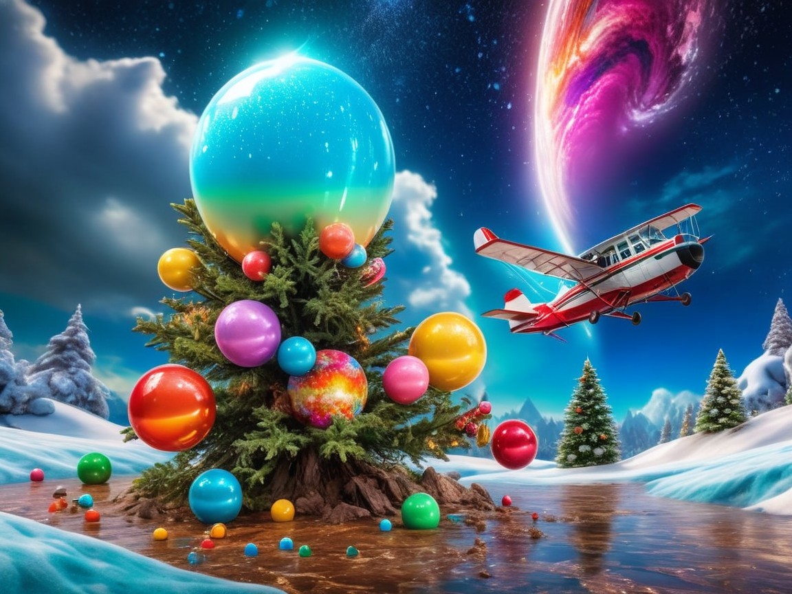 Whimsical Winter Scene with Christmas Tree and Biplane