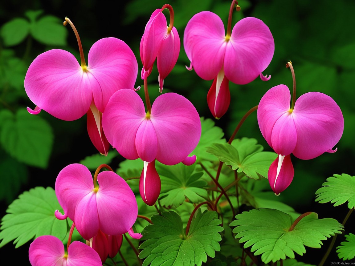 Vibrant Pink Bleeding Heart Flowers Among Green Foliage